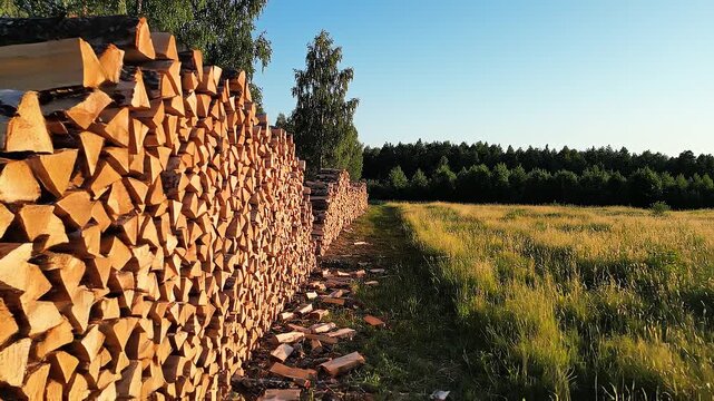 Woodpile stacks in a field.