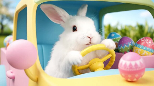 A fluffy white Easter bunny rabbit driving a pastel yellow and pink car filled with colorful decorated Easter eggs.