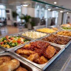 Obraz premium Buffet selection of diverse dishes in modern cafeteria setting