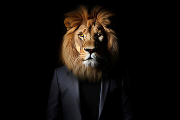Lion wearing a business suit with dramatic lighting effect