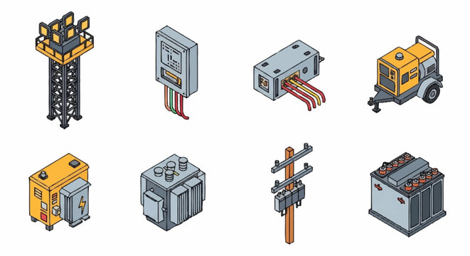 Electrical Equipment and Transformers Isometric Illustration.