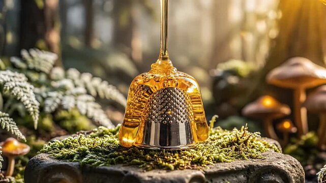 Golden liquid flows onto a thimble, set in a mossy forest