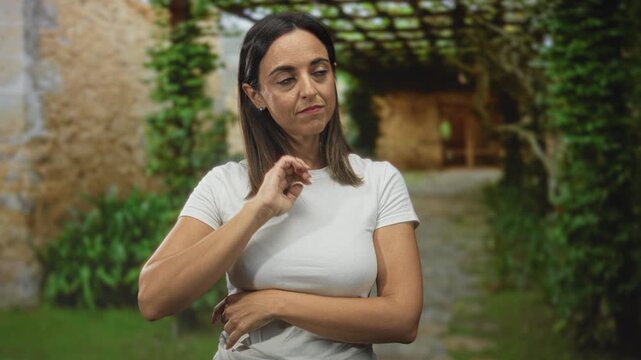 Woman in white t shirt touching ear with hand, crossing arms and tilting head in a vine covered stone courtyard building pathway; thoughtful reflection.