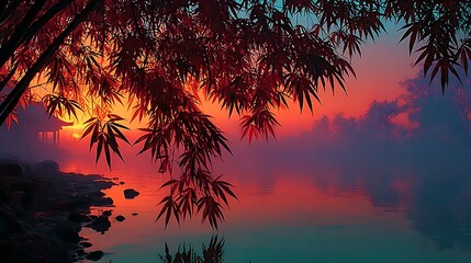 Zen bamboo leaves in morning misty light wallpapers