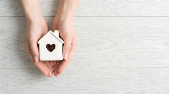 Top view of caring hands presenting miniature house symbol with heart cutout, expressing property security, mortgage coverage, emotional safety, and stable housing investment.