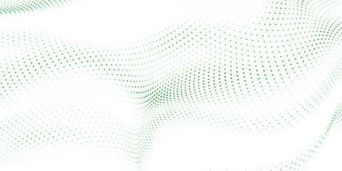 Abstract green halftone wave pattern on white background with flowing dotted gradient, modern minimal vector texture design for wallpaper and branding