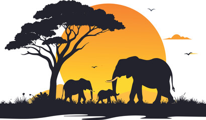 African Sunset Silhouette: The sun casts a warm, orange glow as majestic elephants traverse the African savanna, their silhouettes creating a dramatic tableau against a vibrant sky. © Anik