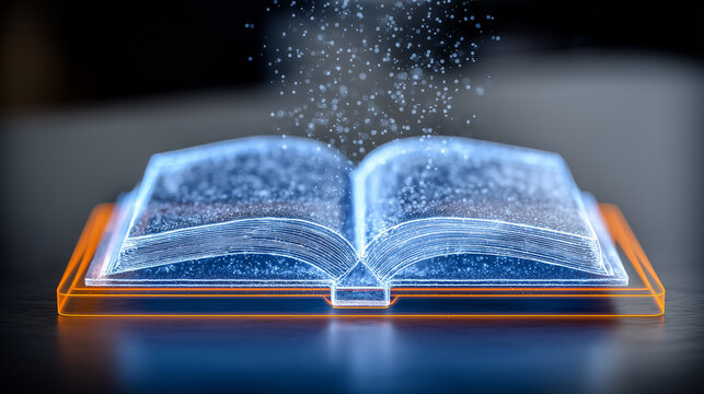 Open holographic book with floating particles representing digital knowledge and AI powered learning.
