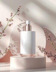 Elegant Perfume Bottle Mockup with Floral Accents on a Pink Pedestal.