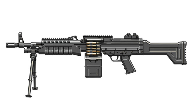 A detailed illustration of a black light machine gun with a bipod and ammunition belt.