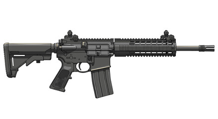 A detailed, isolated image of a black assault rifle, ready for use.