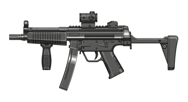 A black submachine gun with a sight and foregrip is displayed on a white background.