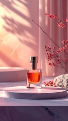 Elegant Perfume Bottle on a Round Platform with Floral Accents.