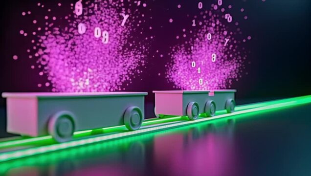 Toy steam train moving on neon green tracks against dark background with purple digital data explosions from wagons, high speed data transfer and internet connectivity, software or telecom sectors