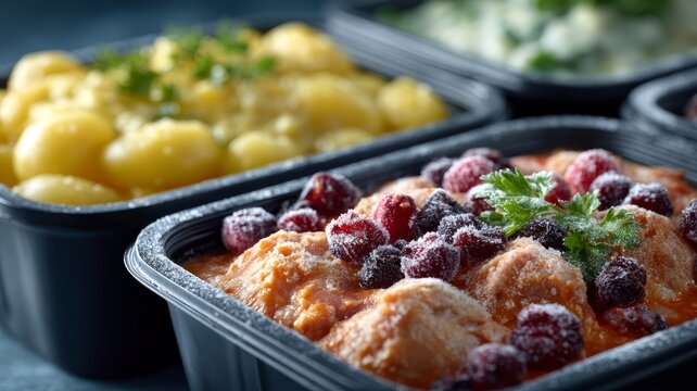 Delicious frozen meals in black containers with garnishes