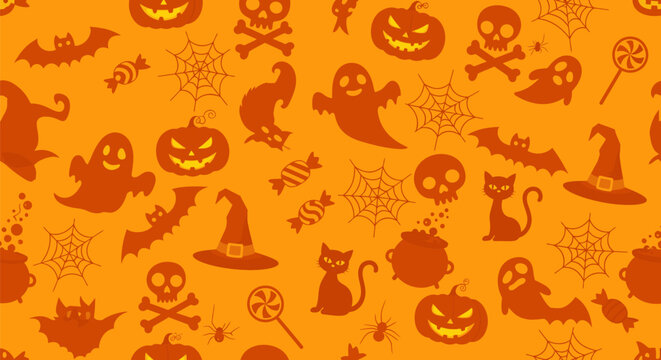Halloween-themed pattern featuring ghosts, pumpkins, and witches on orange background viewed from directly above, Whisk_55ccf9f720c531ea8b9420b7e671853bdr.eps inspired design