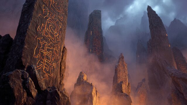 Ancient runes on stones in fog