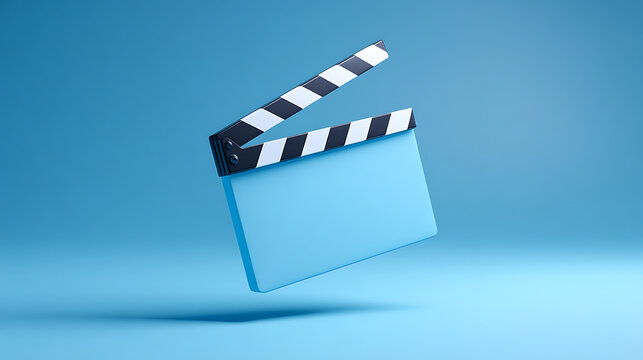 Minimalist light blue film clapper board open on a matching pastel blue background, ready for text, isolated, 3D render illustration concept