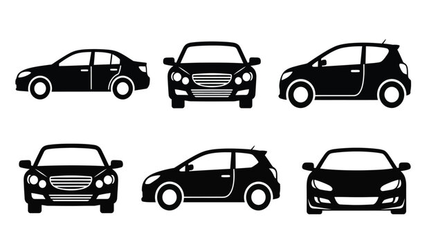 Collection of six different black car silhouettes in various angles and views