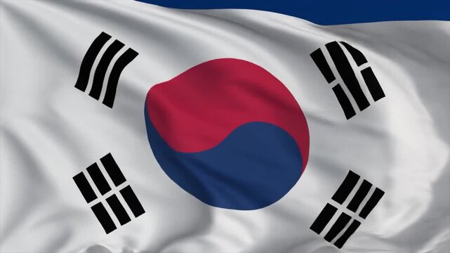 The flag of South Korea with its central Taegeuk symbol and four trigrams waving in the wind South Korea flag