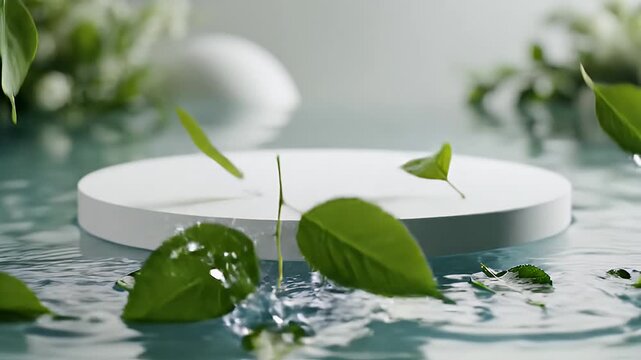A circular white pedestal floats in water, with green leaves, splashes, and a soft background