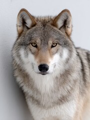 Fototapeta premium Close-up portrait of a majestic grey wolf against neutral background