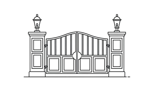 A black and white line drawing of a decorative gate with two lamp posts on either side
