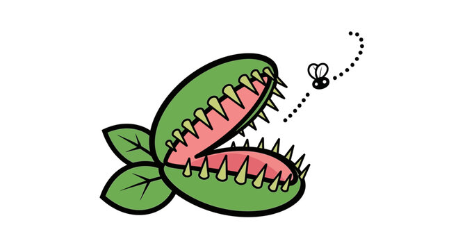 Vivid Cartoon Illustration of a Hungry Venus Flytrap Plant Anticipating to Catch a Small Fly
