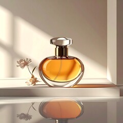 Elegant Perfume Bottle on White Surface with Floral Accent and Light Play.