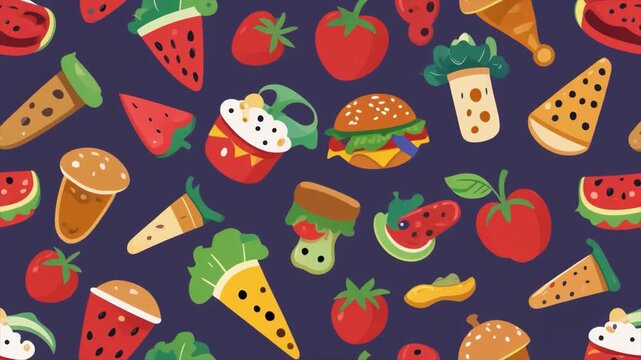 A Playful Pattern of Cartoon Food Items on a Deep Blue Background illustration seamless