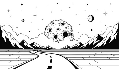 A surreal black and white illustration of a road leading to a cratered moon in a starry night sky with mountains © Lsg 21