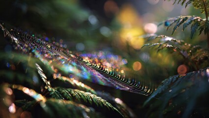 Naklejka premium Enchanted Forest: Spiderweb Glistens with Rainbows