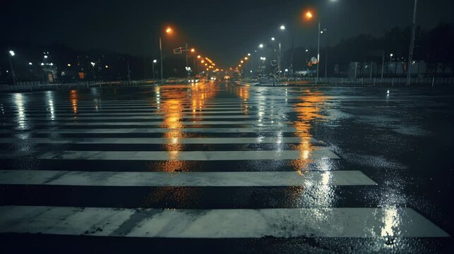 Empty zebra crossing on wet city street at night with glowing street lights reflecting on asphalt creating a dramatic urban rainy atmosphere