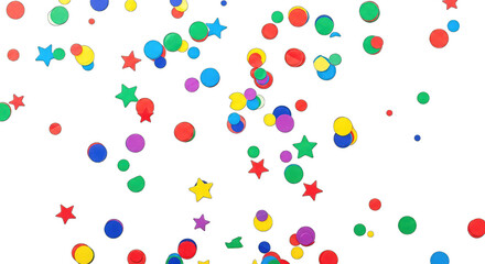 A vibrant and colorful array of confetti scattered across a white background.