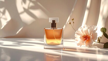 Elegant Perfume Bottle Still Life with Floral Accent and Soft Lighting.