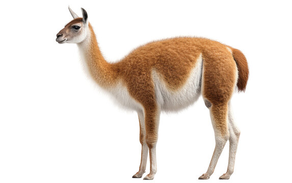 Detailed view of a standing guanaco against white background highlighting soft fur, graceful posture, and serene wildlife elegance isolated on transparent background PNG