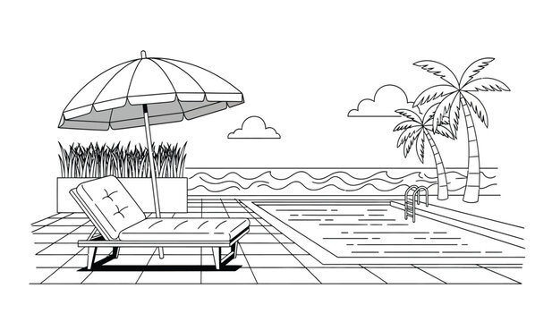 A black and white line drawing of a beach scene with a lounge chair, umbrella, and palm tree on a sunny day by the pool