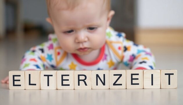 Ein herzerw&auml;rmendes konzeptionelles Bild eines kleinen Babys, das neugierig auf eine Reihe von Holzbuchstaben blickt, die das Wort "ELTERNZEIT" bilden. Das Baby tr&auml;gt einen bunten Strampler mit Sterne