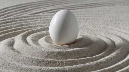 Single white egg resting center serene raked sand garden, minimalist tranquil scene zen meditation, symbolic visualization, with copy space