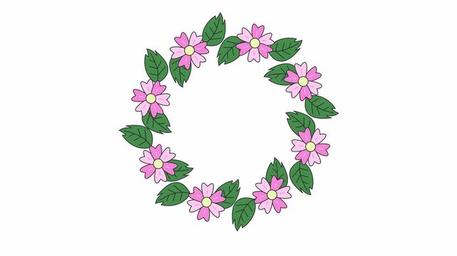 Minimalist pink flower and green leaf wreath isolated on a transparent background. Simple floral circular frame for wedding invitations and spring symbols. Botanical border decoration element concept.
