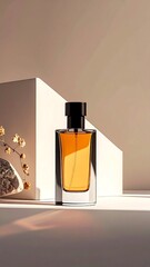 Elegant Perfume Bottle Still Life with Geometric Shapes and Warm Lighting.