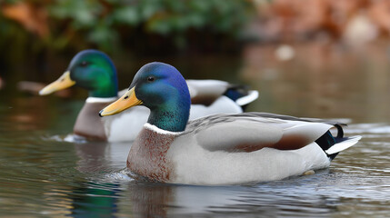 Fototapeta premium Elegant waterfowl swimming gracefully on calm lake surface, avian aquatic tranquility, peaceful bird visualization, serene water moment, with copy space