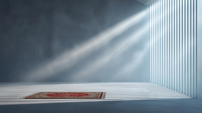 Minimalist interior scene featuring prayer rug, bathed dramatic geometric sunlight, streaming window blinds creating serene spiritual atmosphere, Ramadan visualization, with copy