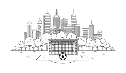 Obraz premium Black and white illustration of a soccer goal with a ball in front of a city skyline with trees
