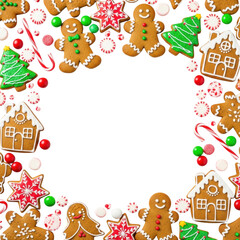 Fototapeta premium photorealistic flat lay of decorated gingerbread cookies and assorted holiday candies framing transparent copy space, professional studio lighting. concept of christmas festive sweets