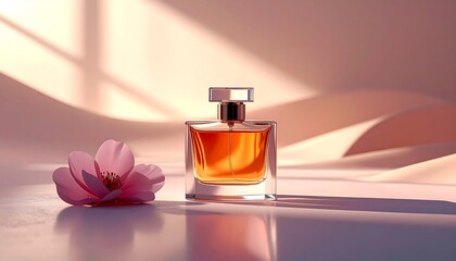 Elegant Perfume Bottle with Floral Accent on a Soft Background.