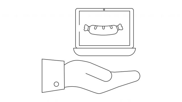 Online Food Delivery Concept - Hand Holding Laptop with Sausage.