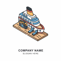 Isometric Cruise Ship with Camera and People on Dock.