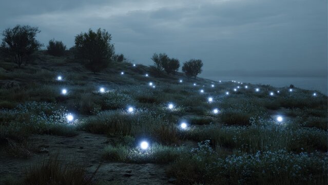 Mystical Lights on a Hillside at Night