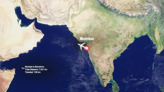 3D Earth Flight Route Mumbai To Barcelona With Dotted Path And HUD Data